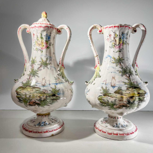 Joseph Gaspard Robert - Marseille earthenware factory, pair of polychrome covered vases, 18th century
