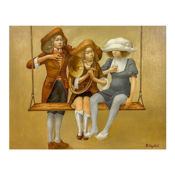 Jean-Claude Dingelstadt 'Trois soeurs' tableau huile sur bois, 20e siècle
