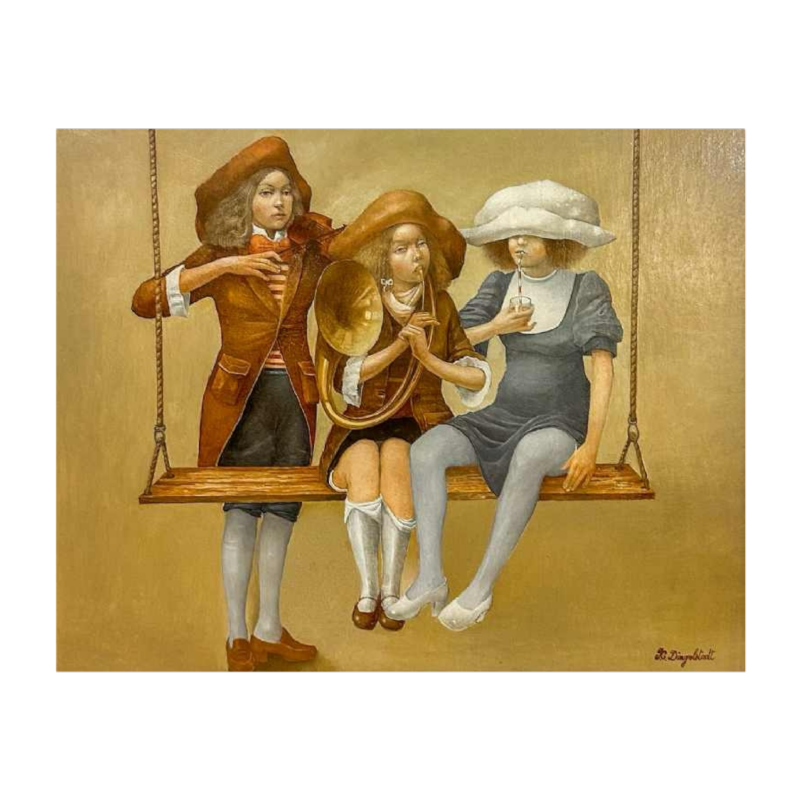 Jean-Claude Dingelstadt 'Trois soeurs' tableau huile sur bois, 20e siècle