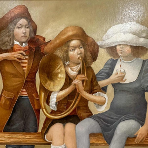 Jean-Claude Dingelstadt 'Trois soeurs' tableau huile sur bois, 20e siècle