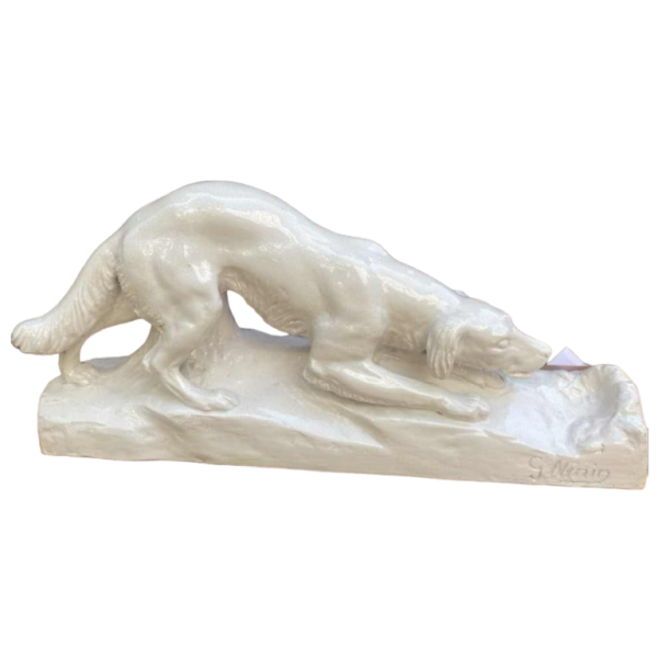 G. Ninin chien keramiek / aardewerk sculptuur, gebarsten wit, ca 1930