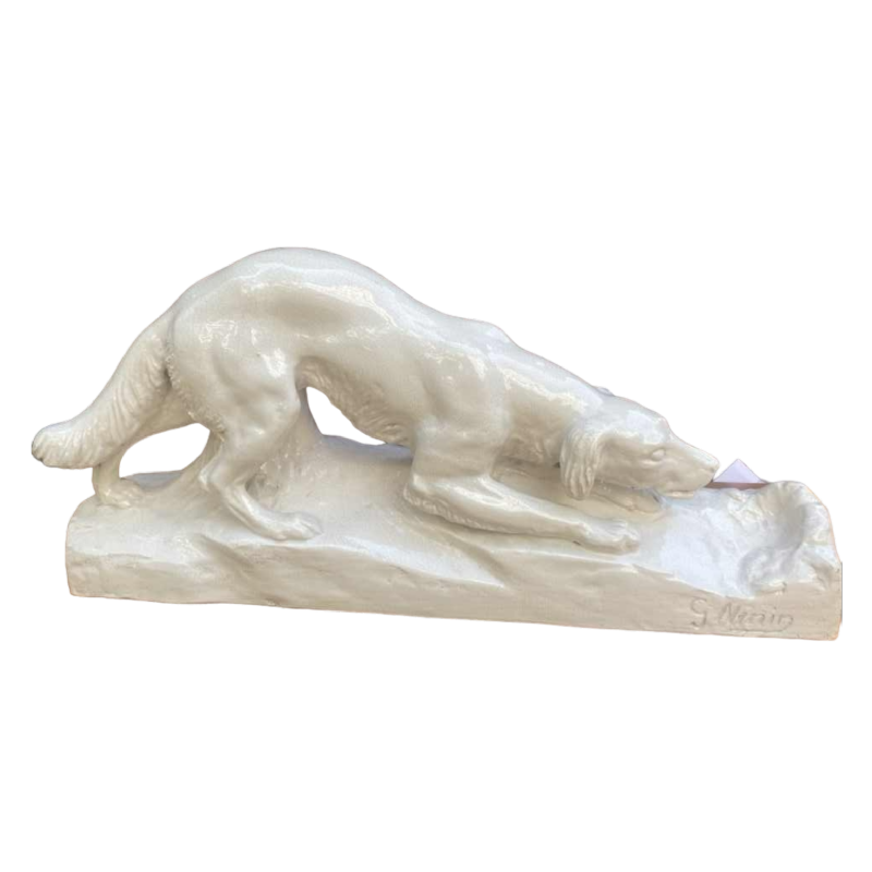 G. Ninin "chien" sculpture en céramique / faïence, blanc craquelé, ca 1930