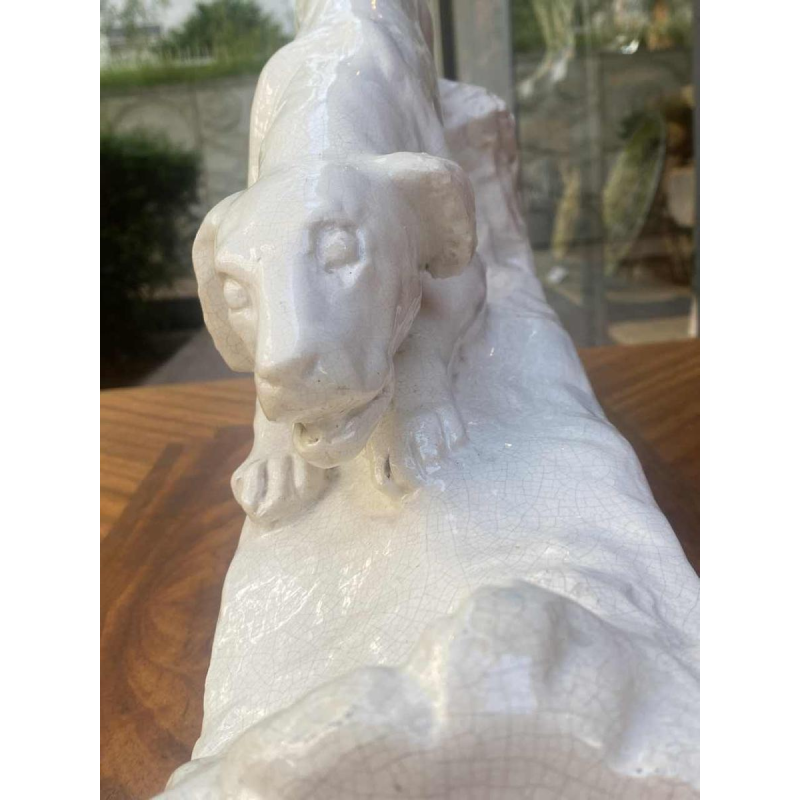 G. Ninin "chien" sculpture en céramique / faïence, blanc craquelé, ca 1930