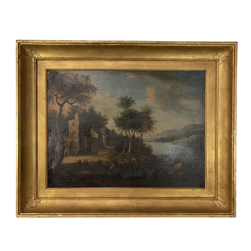 Italian school Lakescape, forest animated by characters oil on canvas, 18th century