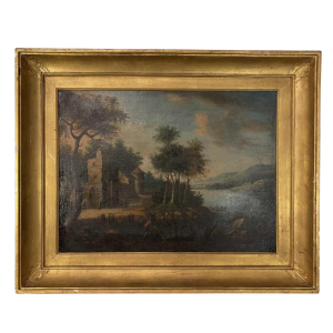 Italian school Lakescape, forest animated by characters oil on canvas, 18th century