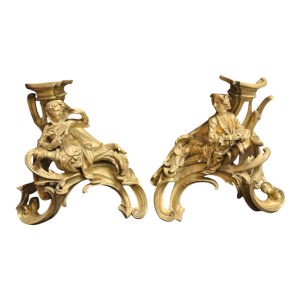 Paar andirons “De hovelingen“ Louis XV rocaille bronzen sculptuur, 19e eeuw