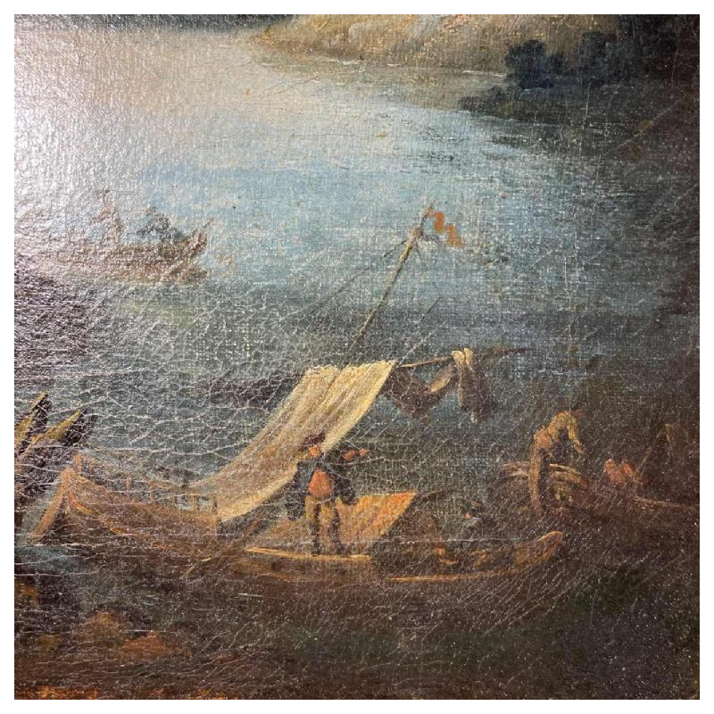 Italian school Lakescape, forest animated by characters oil on canvas, 18th century