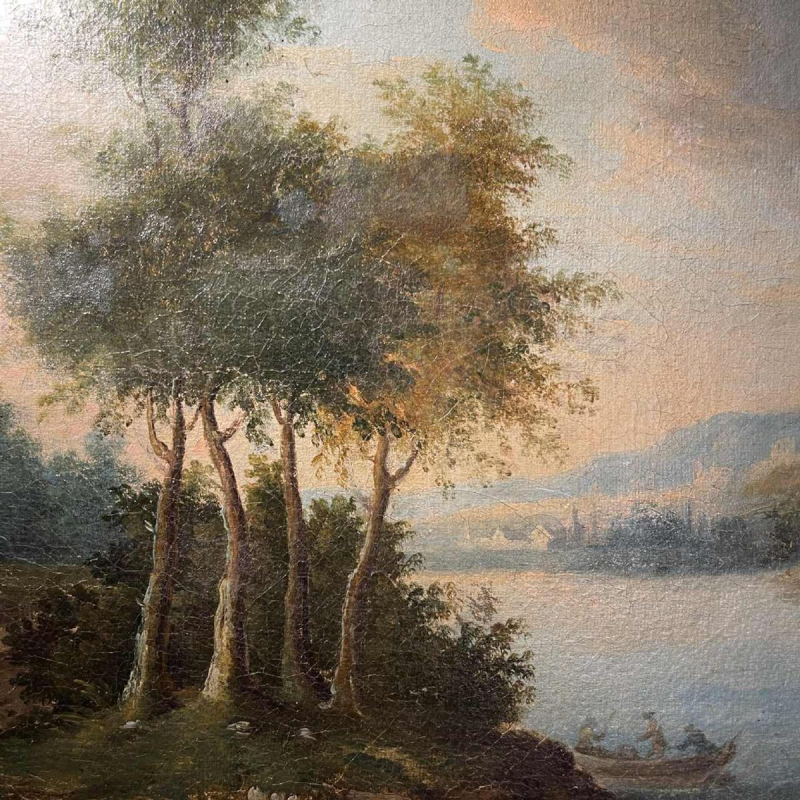 Italian school Lakescape, forest animated by characters oil on canvas, 18th century