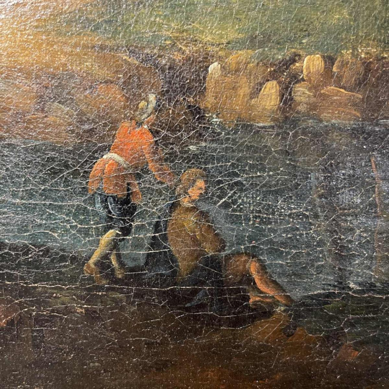Italian school Lakescape, forest animated by characters oil on canvas, 18th century