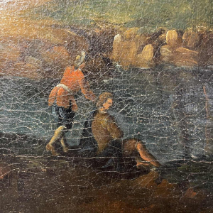 Italian school Lakescape, forest animated by characters oil on canvas, 18th century