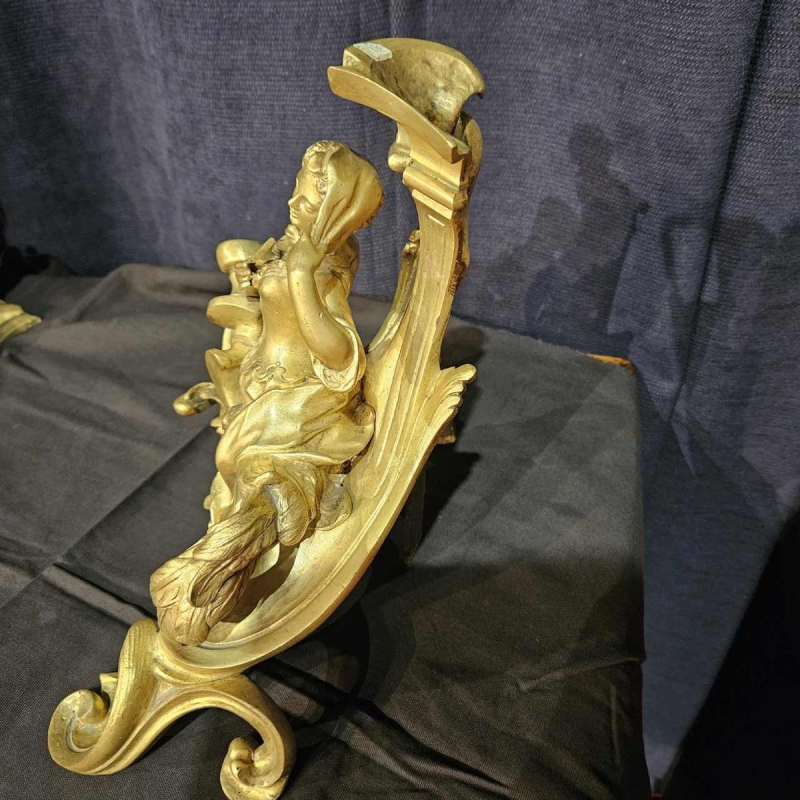 Pair of andirons “The courtiers “Louis XV rocaille bronze sculpture, 19th century