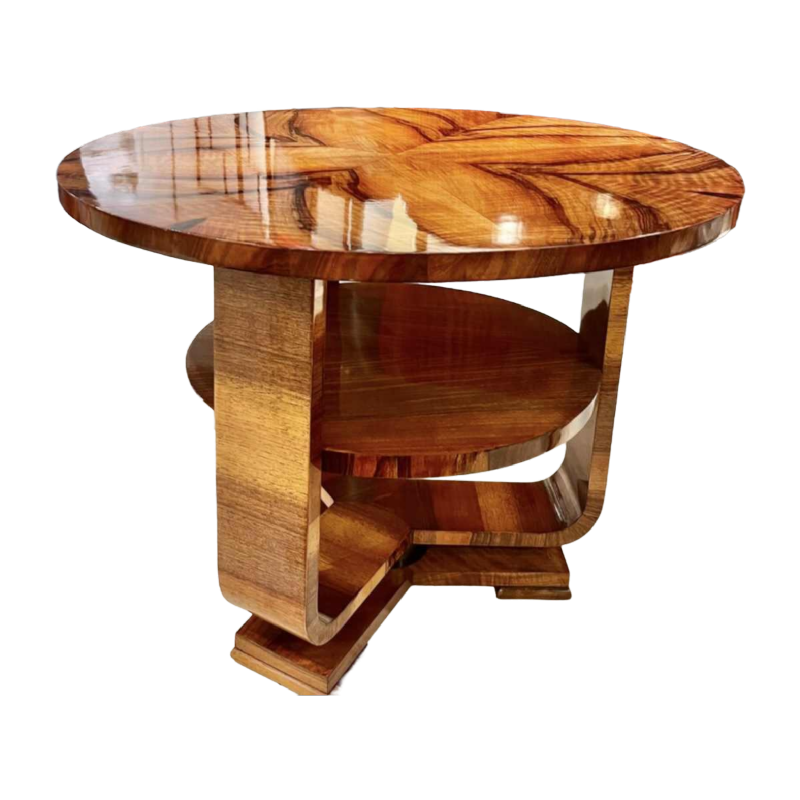 Table basse / de salon Art Déco ronde , travail français en noyer flammé, ca 1930