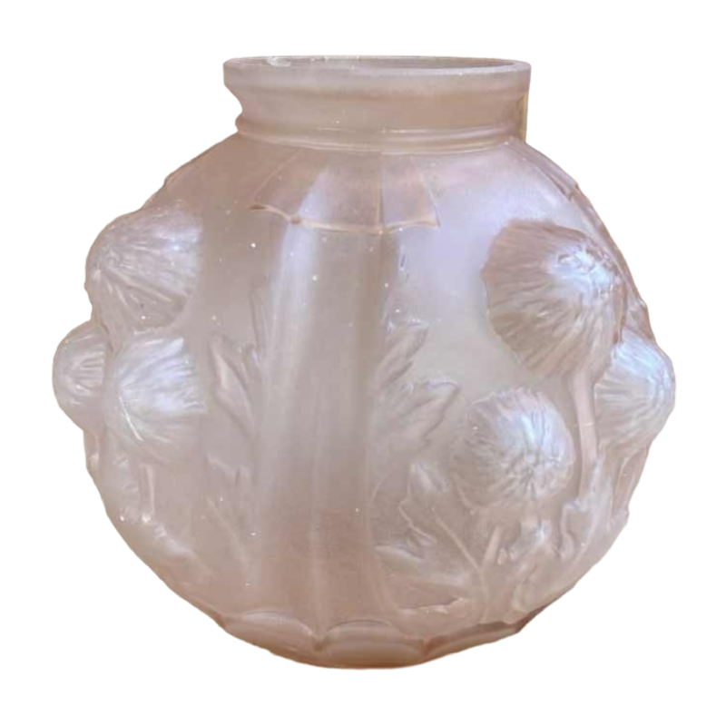 Pierre De Cagny, Art Deco pressed and moulded frosted pink glass vase signed, ca 1930