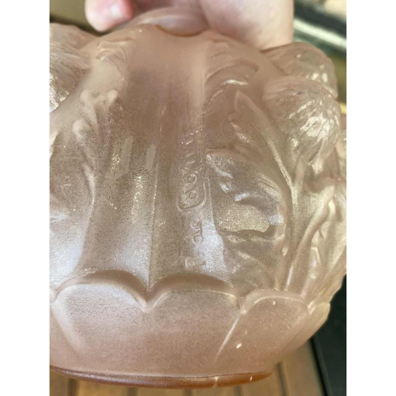 Pierre De Cagny, Art Deco pressed and moulded frosted pink glass vase signed, ca 1930