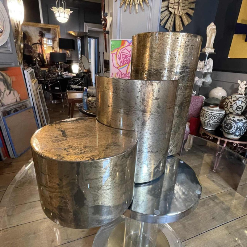 Gabriella Crespi, set 3 coffee tables / pedestals, goatskin style, ca 1970