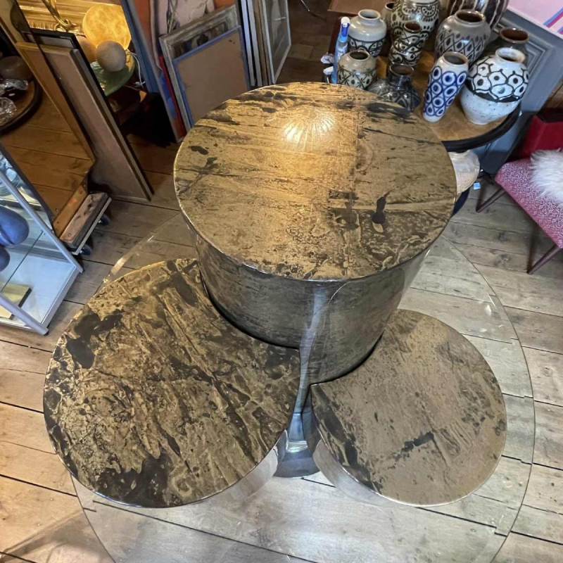 Gabriella Crespi, set 3 coffee tables / pedestals, goatskin style, ca 1970