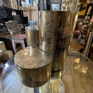 Gabriella Crespi, set 3 coffee tables / pedestals, goatskin style, ca 1970