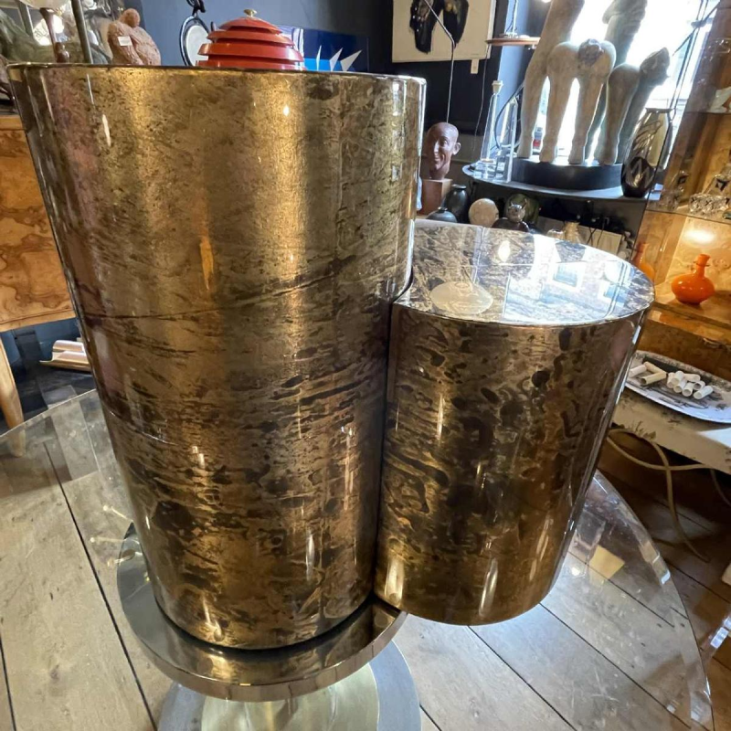 Gabriella Crespi, set 3 coffee tables / pedestals, goatskin style, ca 1970