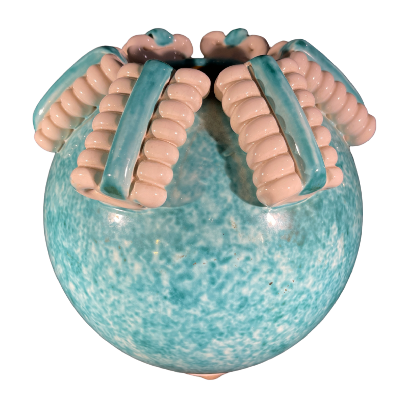 SAINTE-RADEGONDE, vase boule céramique turquoise, ruban blanc " spirale ", 1960