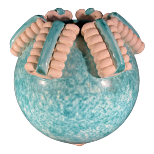 SAINTE-RADEGONDE, turquoise ceramic ball vase, white "spiral" ribbon, 1960