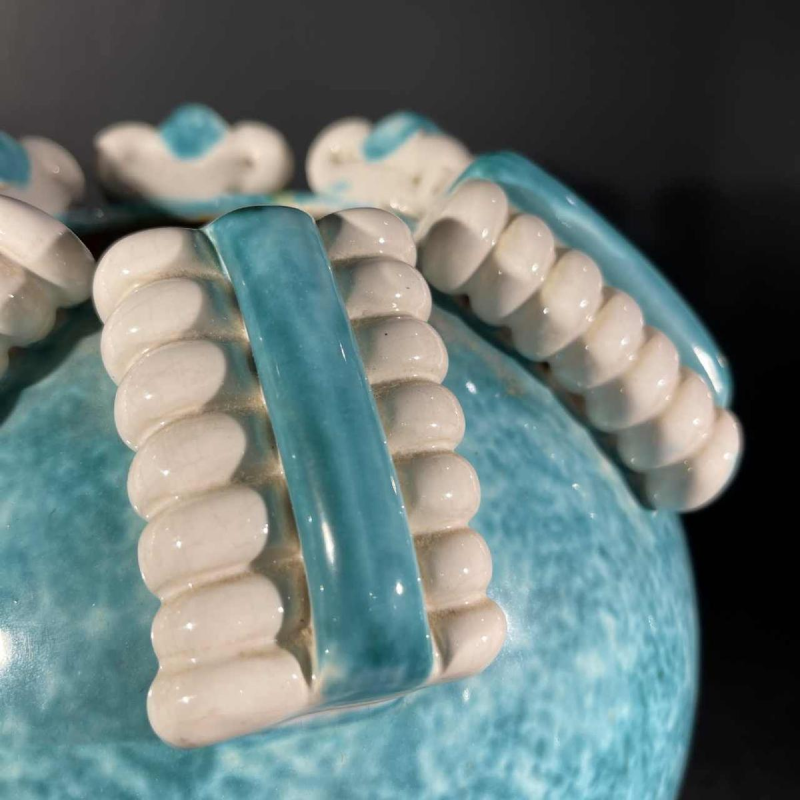 SAINTE-RADEGONDE, turquoise ceramic ball vase, white "spiral" ribbon, 1960