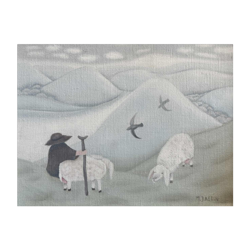 Mireille BASTIN « Le berger et ses moutons » peinture huile sur toile