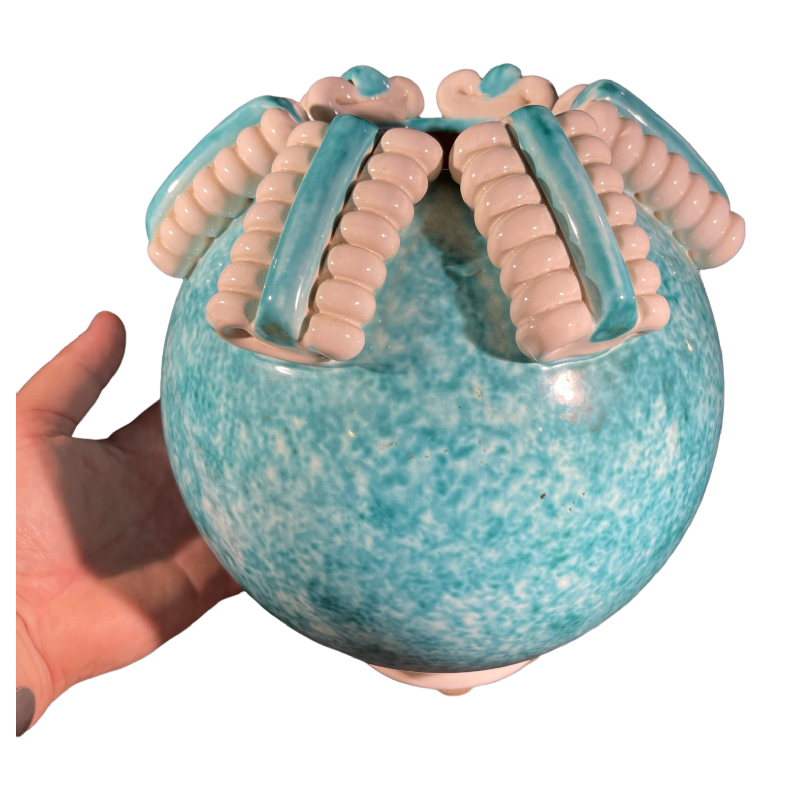 SAINTE-RADEGONDE, turquoise ceramic ball vase, white "spiral" ribbon, 1960