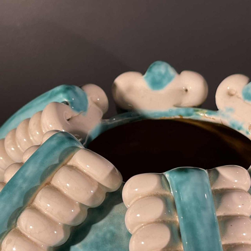 SAINTE-RADEGONDE, turquoise ceramic ball vase, white "spiral" ribbon, 1960