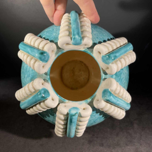 SAINTE-RADEGONDE, turquoise ceramic ball vase, white "spiral" ribbon, 1960