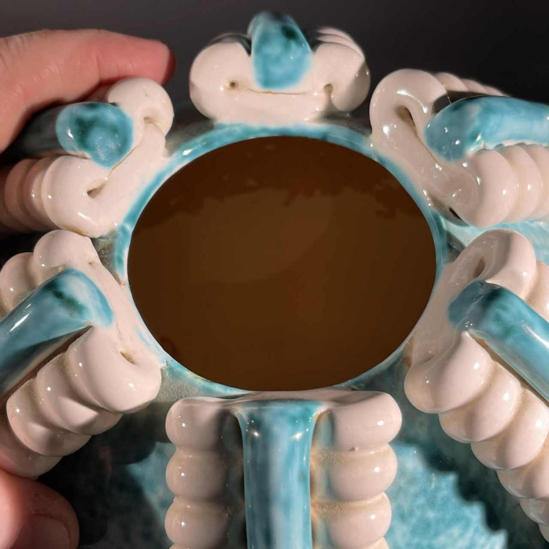 SAINTE-RADEGONDE, turquoise ceramic ball vase, white "spiral" ribbon, 1960