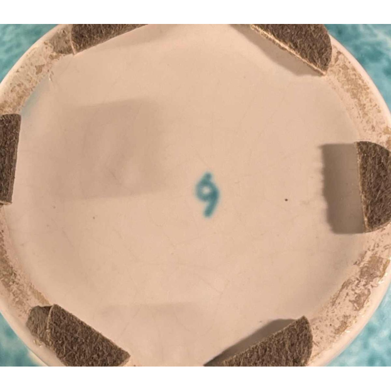 SAINTE-RADEGONDE, turquoise ceramic ball vase, white "spiral" ribbon, 1960