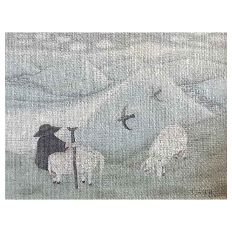 Mireille BASTIN « Le berger et ses moutons » peinture huile sur toile
