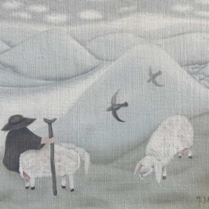Mireille BASTIN « Le berger et ses moutons » peinture huile sur toile