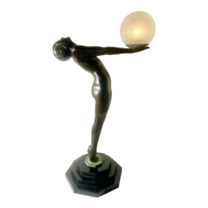 Max le Verrier ‘La Clarté’ Art Deco sculpture/lamp, nude woman holding a glass ball, 20th century