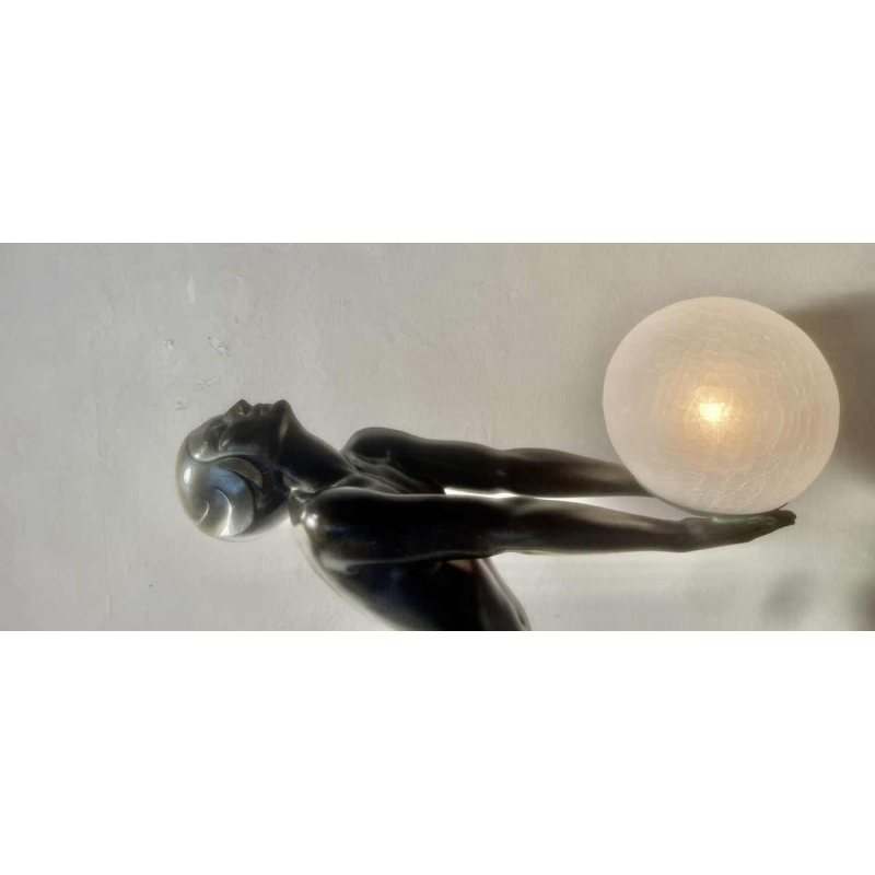 Max le Verrier ‘La Clarté’ Art Deco sculpture/lamp, nude woman holding a glass ball, 20th century