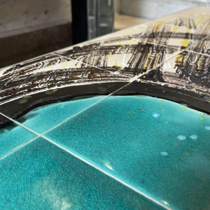 DE NISCO, coffee table ceramic metal chrome Abstract belgian Design, ca 1960