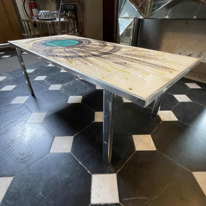 DE NISCO, salontafel keramiek metaal chroom, belgisch Abstract Design, ca 1960