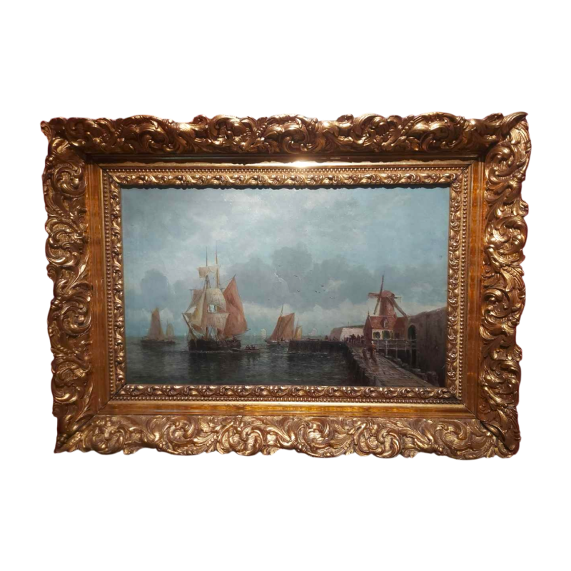 Madeleine Boudin - Navires devant le port - peinture huile sur toile, début XXe s
