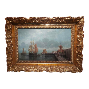 Madeleine Boudin - Ships in front of the port - painting oil on canvas, early 20th c