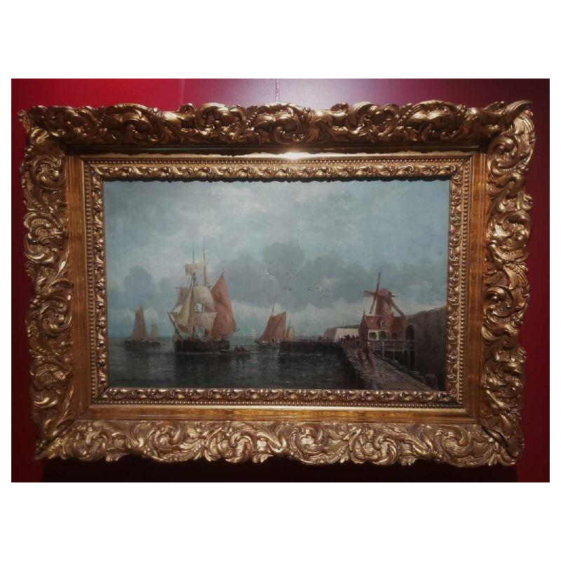 Madeleine Boudin - Navires devant le port - peinture huile sur toile, début XXe s
