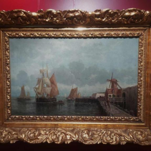 Madeleine Boudin - Ships in front of the port - painting oil on canvas, early 20th c