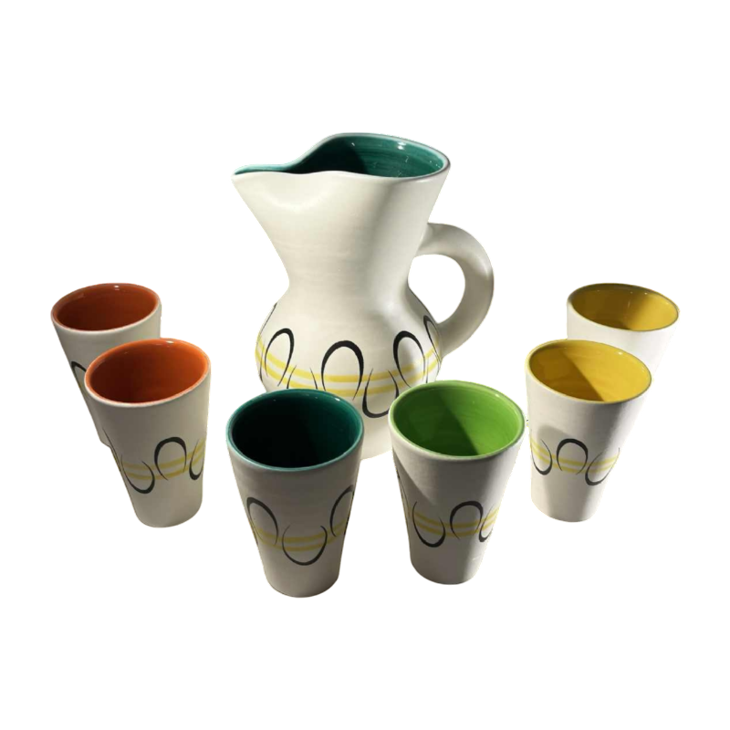 ANDRE BAUD for VALLAURIS, ceramic jug and 6 glasses set, ca 1960
