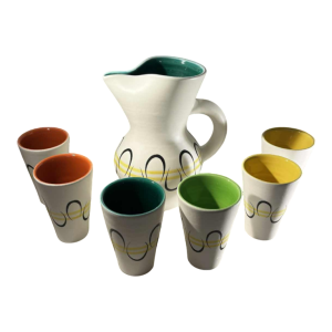 ANDRE BAUD pour VALLAURIS, service cruche et 6 verres en céramique, ca 1960