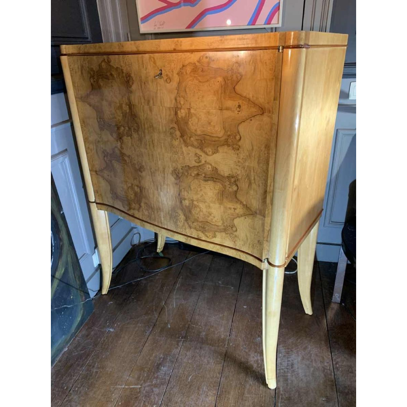 Curved Art Deco cabinet / bar, maple burl and mahogany fillet, ca 1930