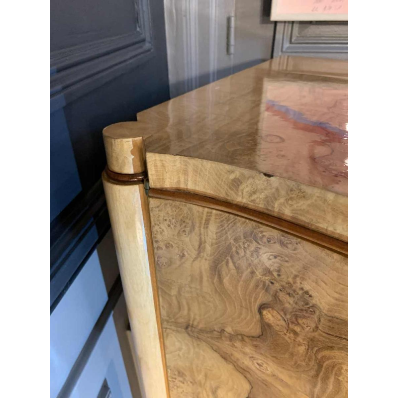 Curved Art Deco cabinet / bar, maple burl and mahogany fillet, ca 1930