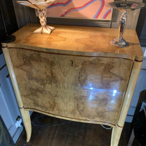 Curved Art Deco cabinet / bar, maple burl and mahogany fillet, ca 1930