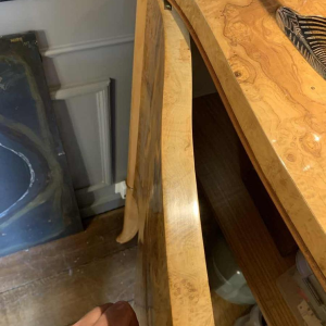 Curved Art Deco cabinet / bar, maple burl and mahogany fillet, ca 1930