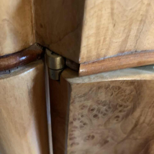 Curved Art Deco cabinet / bar, maple burl and mahogany fillet, ca 1930