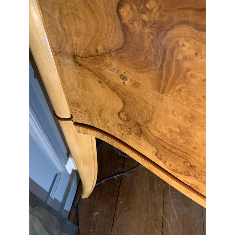 Curved Art Deco cabinet / bar, maple burl and mahogany fillet, ca 1930