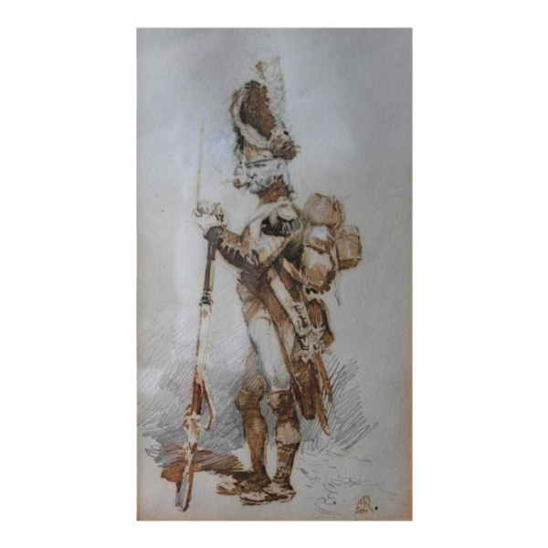 Edouard Detaille, dessin encre plume sur papier, Officier des grenadiers la garde impériale, XIXe s